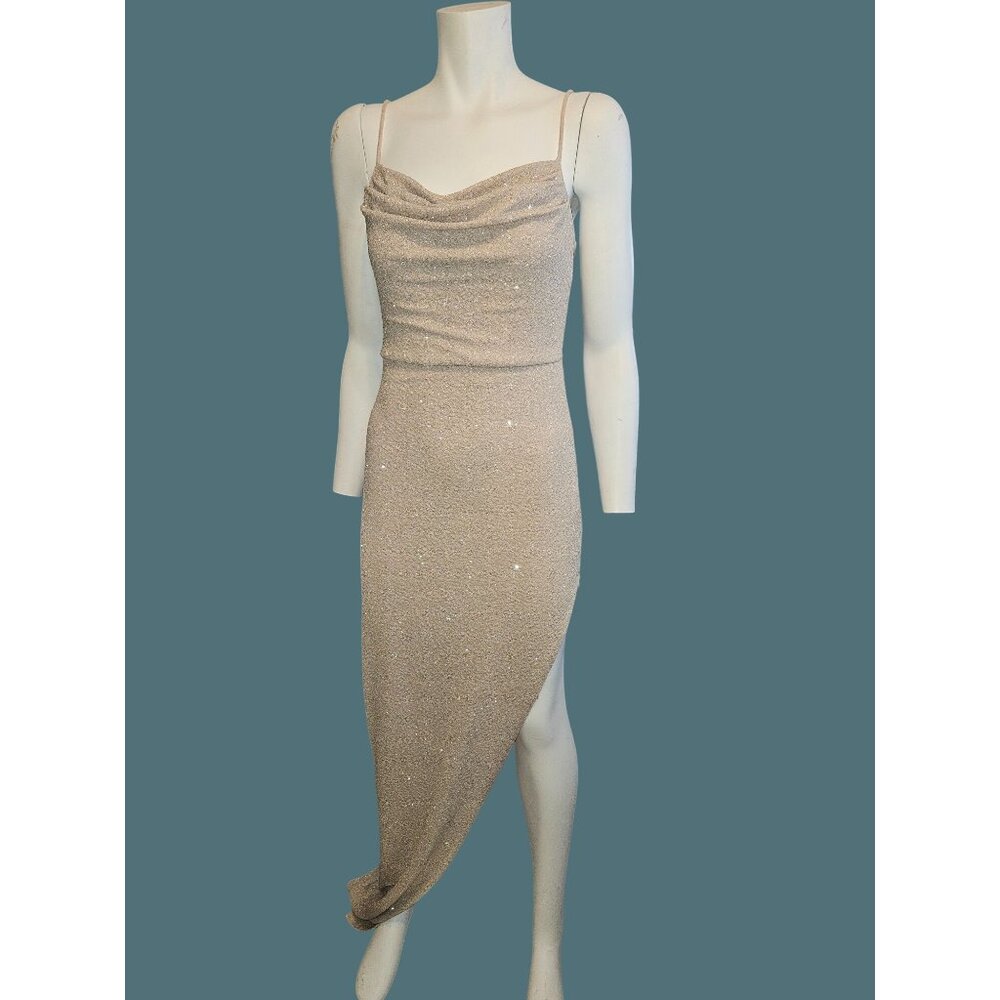 Windsor Ivory & Silver Glitter Cowl Neck Sleeveless High Slit Gown Women Large